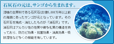 石灰石の元は、サンゴから生まれます。漆喰の主原料である石灰石は2億5,000万年以上前の海底にあったサンゴが元となっています。その石灰石を焼成・消化したものが「消石灰」です。消石灰はアルカリ性の性質や微多孔質の構造を持っており、防カビ効果・抗菌効果・消臭効果・吸放湿性など多くの機能を有しています。