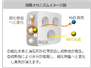 消臭メカニズムイメージ図。強い毒性があり、悪臭のある硫化水素の無毒化の過程。微細な穴が多数空いている消石灰の塗装面に硫化水素が接触し、硫化水素と消石灰が化学反応し、成熟性が発生。成熟性により水分が蒸発し、硫化物塩へと変化し臭気が消えます。