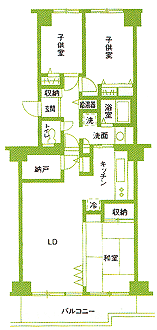 リフォーム前のマンションの間取り子供室、LD脇の和室が区切られていて窮屈。