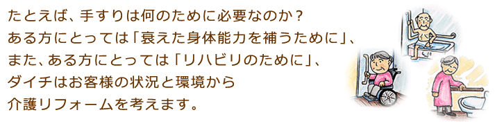 たとえば、手すりは何のために必要なのか？ある方にとっては「衰えた身体能力を補うために」、また、ある方にとっては「リハビリのために」、ダイチはお客様の状況と環境から介護リフォームを考えます。